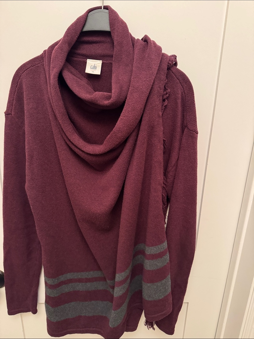 CAbi Plum Cowl Sweater with Gray Stripe Hem